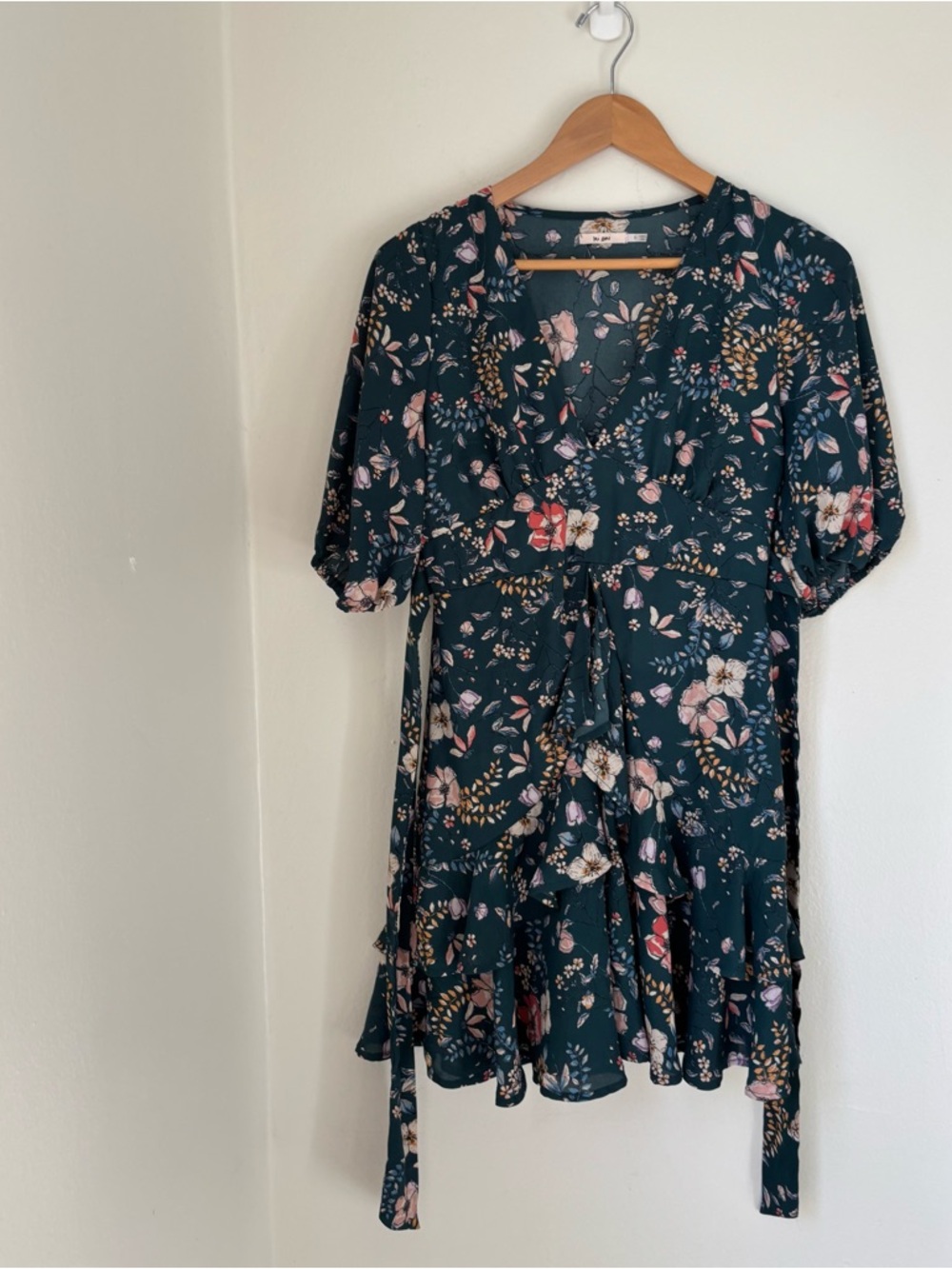 Mi Ami  Teal Floral Wrap Dress with Pink & Cream Blooms
